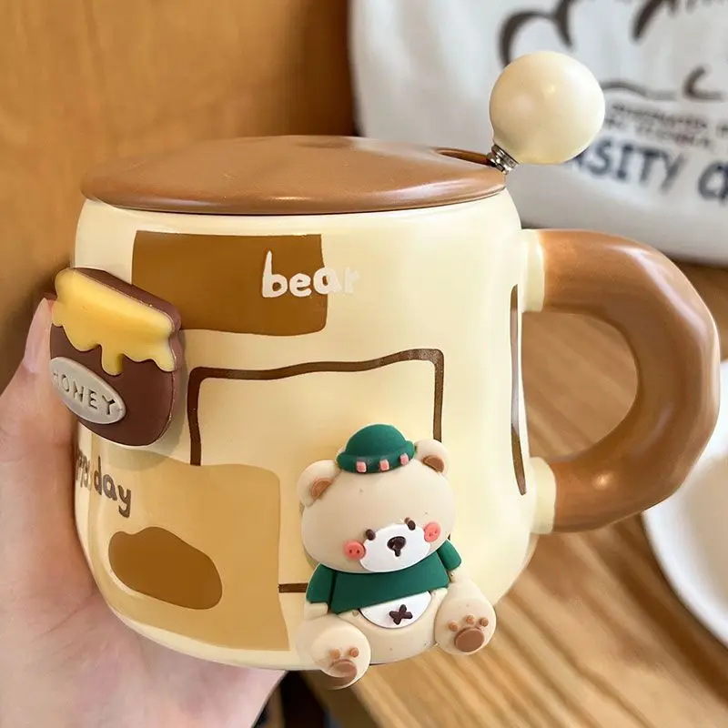 

High Appearance Cartoon Bear Ceramic Mug with Lid Spoon,Birthday Gift for Friends and Sisters,Office Coffee Mugs, Lovely Tea Cup