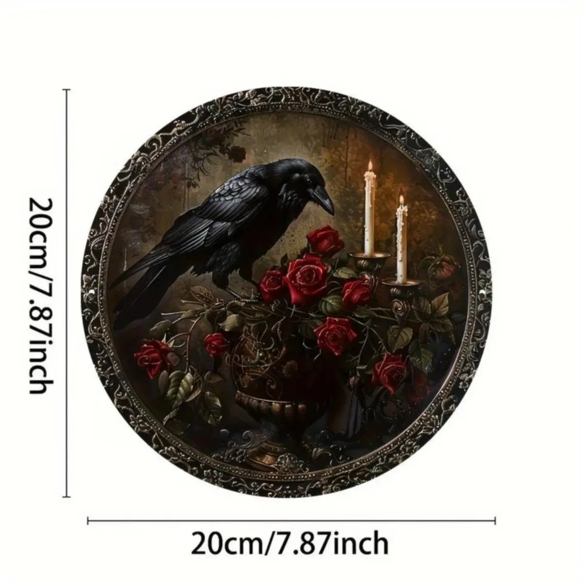 E-commerce Title: Round Wall Art – Vintage Metal Raven Design Sign, Stylish Wall Ornament for Home/Café/Garage