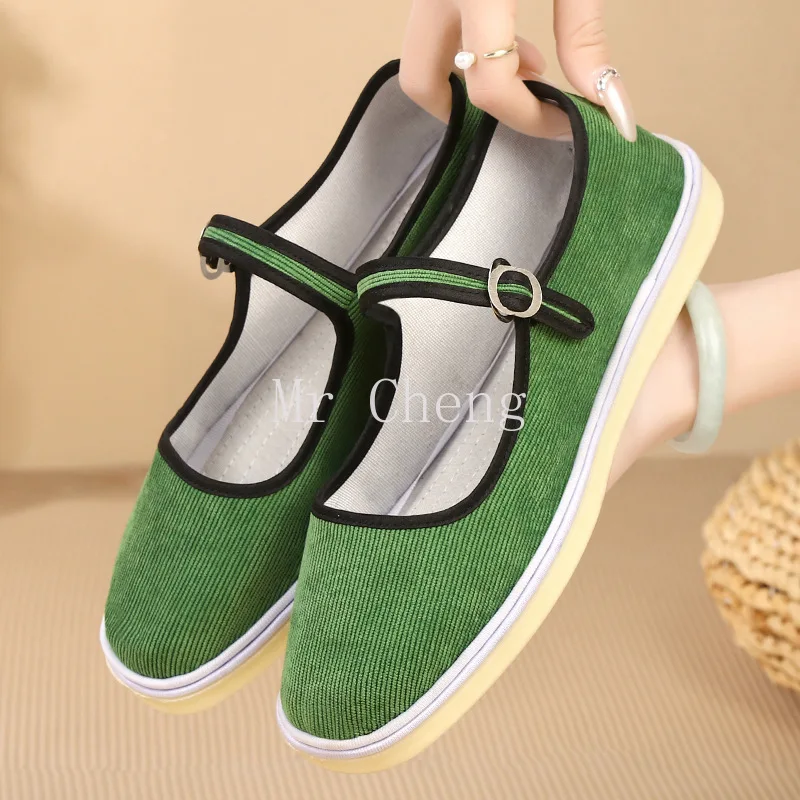 Flats Mary Jane Shoes Women 2024 Trend Velvet Casual Streetwear Ladies Shoes Canvas Buckle Strap Pointed Toe Loafers Elegant