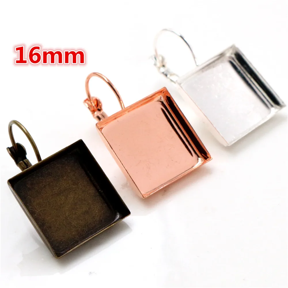 16mm 10pcs Bright Silver Color Rose Gold Color Bronze Square Style French Lever Earrings Base,fit 16mm Square glass cabochons