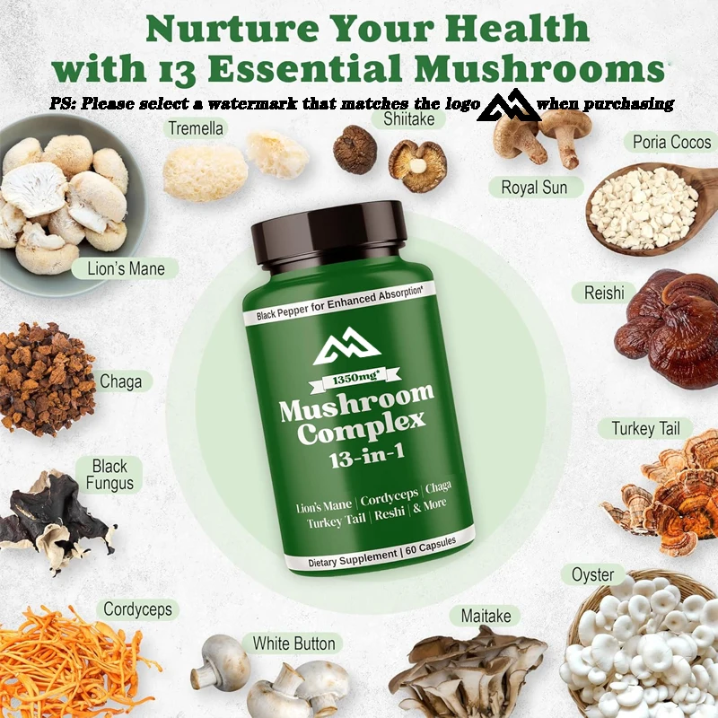 Mushroom capsules, 13 in 1 containing lion mane, Ganoderma lucidum, cordyceps, etc., promote focus, clarity, and memory