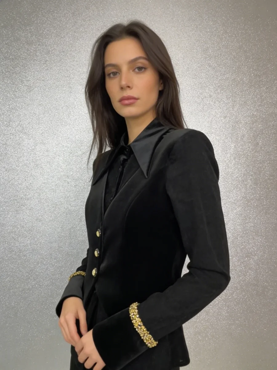 TWOTWINSTYLE Cocktail Parties Black Lapel Blouse with Velvet Vest Female Gold Buttons Design Crystal Cuffs for Luxury Dinners