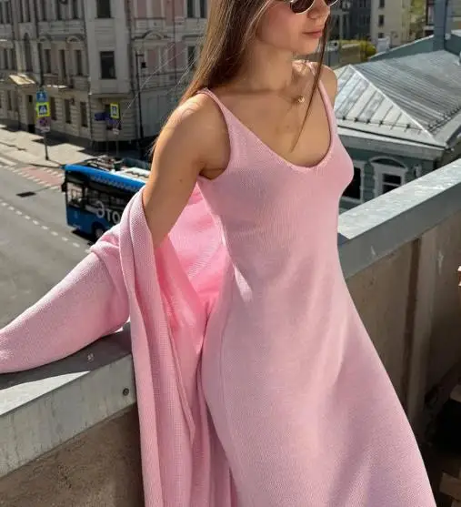 

Women's Skirt Set 2026 Autumn Two Pieces Set Long Sleeved Knit Cardigan Sleeveless Maxi Dress Set Loose Fit Design Elegant Set