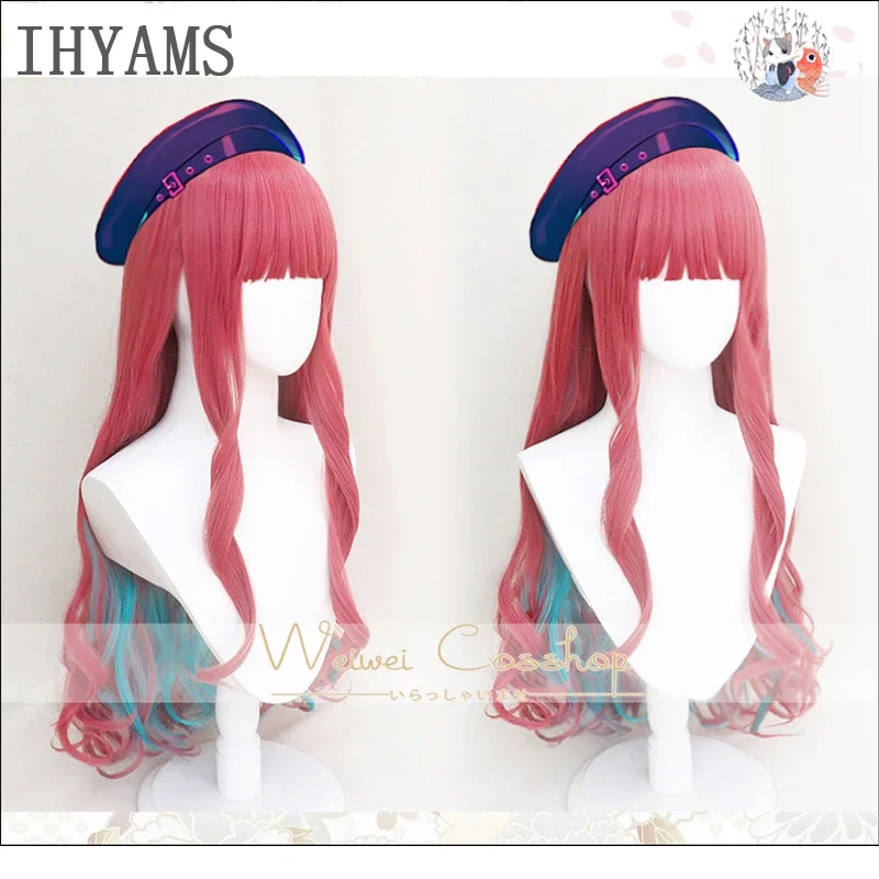 

HIP HOP Paradox Live BAE Anne Faulkner Cosplay Wig 80cm Long Curly Pink Blue Mixed Synthetic Hair Halloween Party Wig Cap