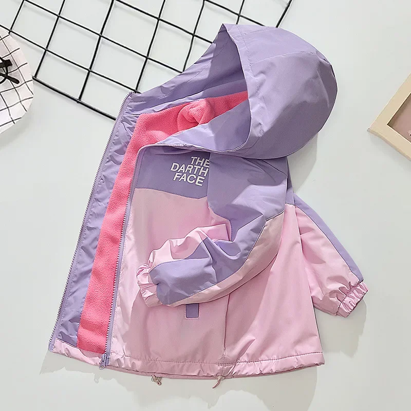 Girls thin velvet jacket children's foreign spring and autumn clothing integrated velvet windproof trench coat early winter