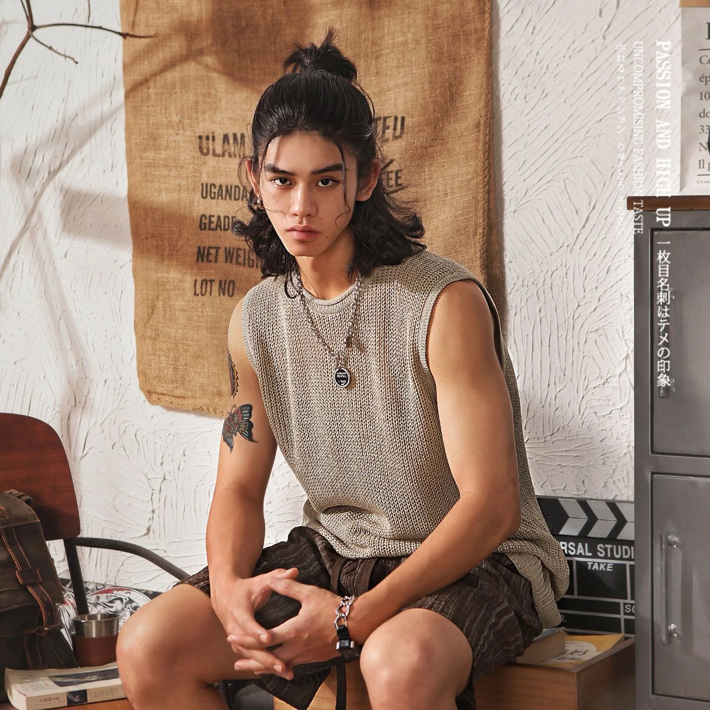 Men Japanese Style Vintage Retro Shirts Tops Male Summer Knit Hollow Out Holes Sport Blouse Vest Gray Casual Tee T Shirts Camis