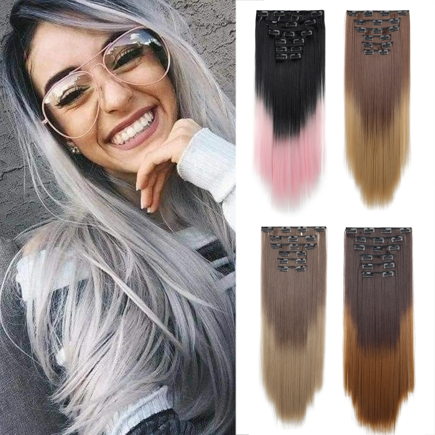 Ekstensi Rambut 6 Buah/Set Rambut Jepit 24 Inci Panjang Lurus Tebal Sintetis Coklat Ombre Seluruh Kepala Mudah Dipakai untuk Wanita