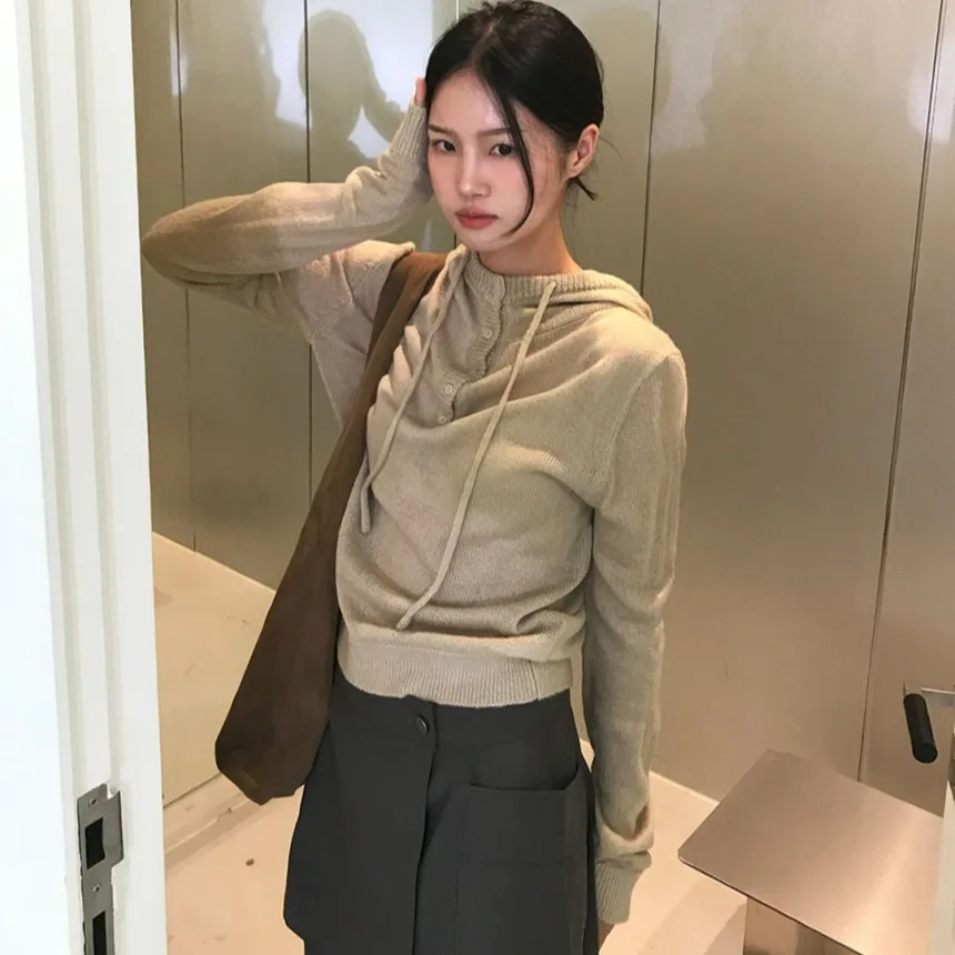 

Korean Sle Long Sve Hooded Knitted irt Autumn Winter New Arrival Button Collar Casual Women's Top Regular Thin