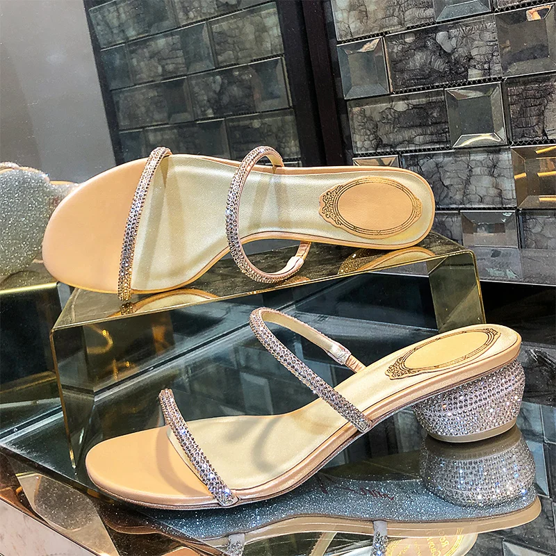

Round Heel Sandals 2022 Summer Women's New Rhinestone One Word with Fairy Style Egg Heel Fashion Sandals