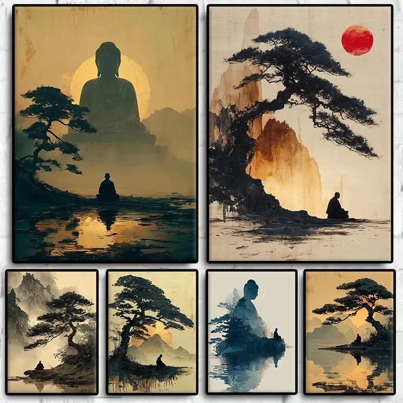 Tranquil Buddhist Artwork Poster Vintage Meditation Zen Buddha Bodhi Tree Canvas Painting Spiritual Wall Art for Room Home De