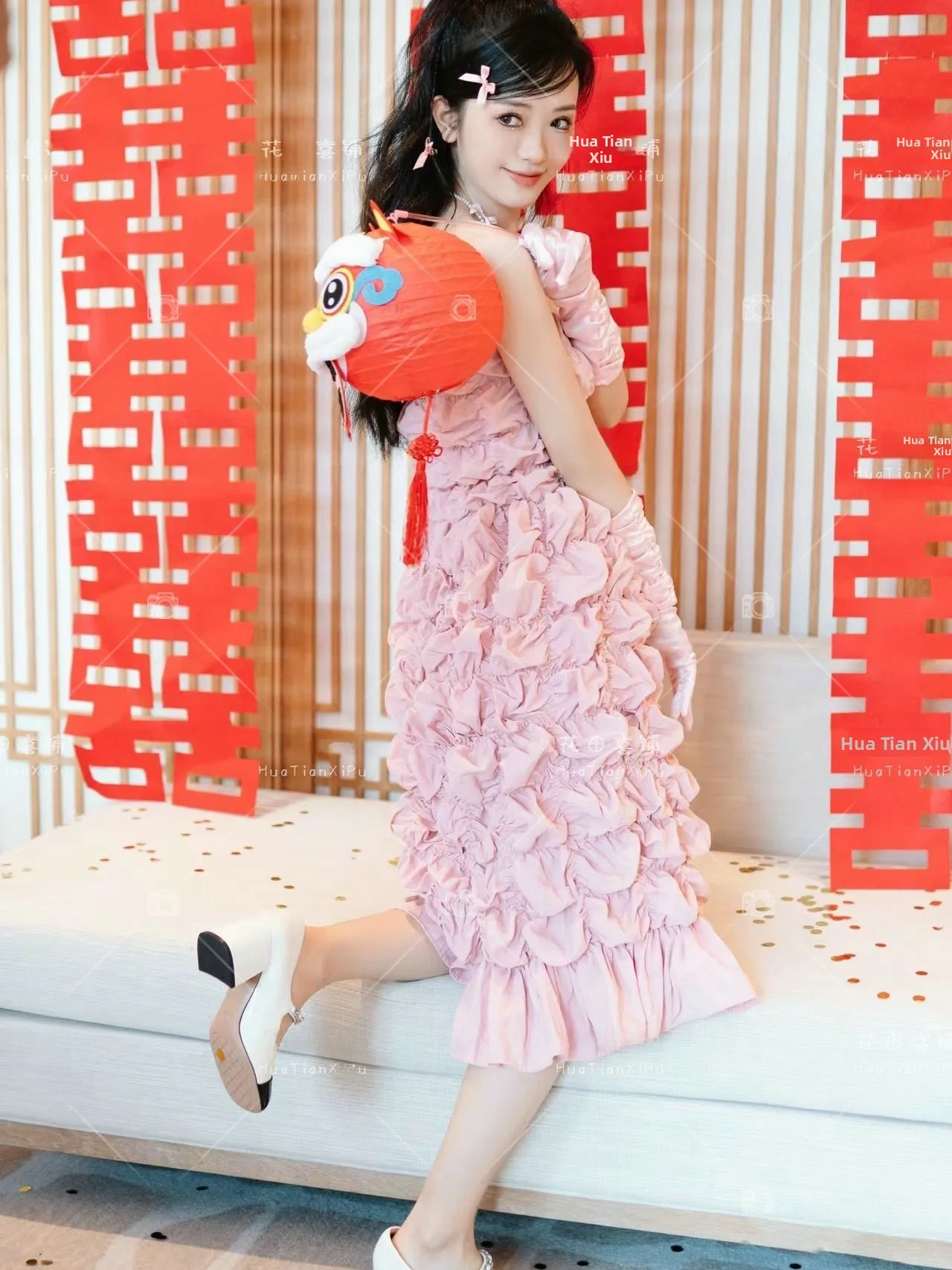 

Sweet Pink Bridal Gown with Pleats for Engagement And Wedding Day Outfits New Arrival in Studio Elegant Style Girls Costume