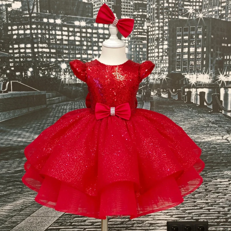 2026 New Children Sequin Bow Tutu DressFormal Party Attire Kids Birthday Celebration Outfit Lolita Girls Princess Gown Pageant