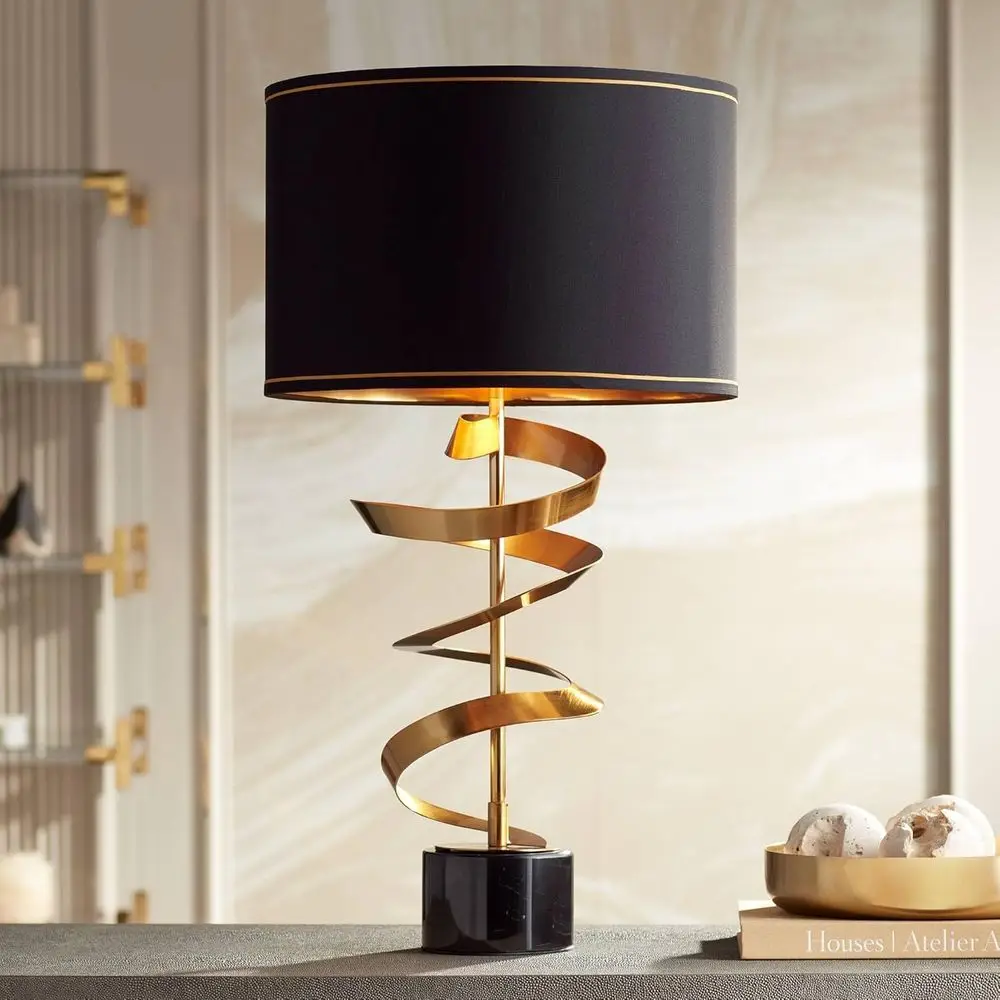 

Possini Euro Design ern Table Lamp 31" Tall Scutural Brass Gold Metal Marble Black Drum Shade with Gold Liner Decor Bedroom Livi