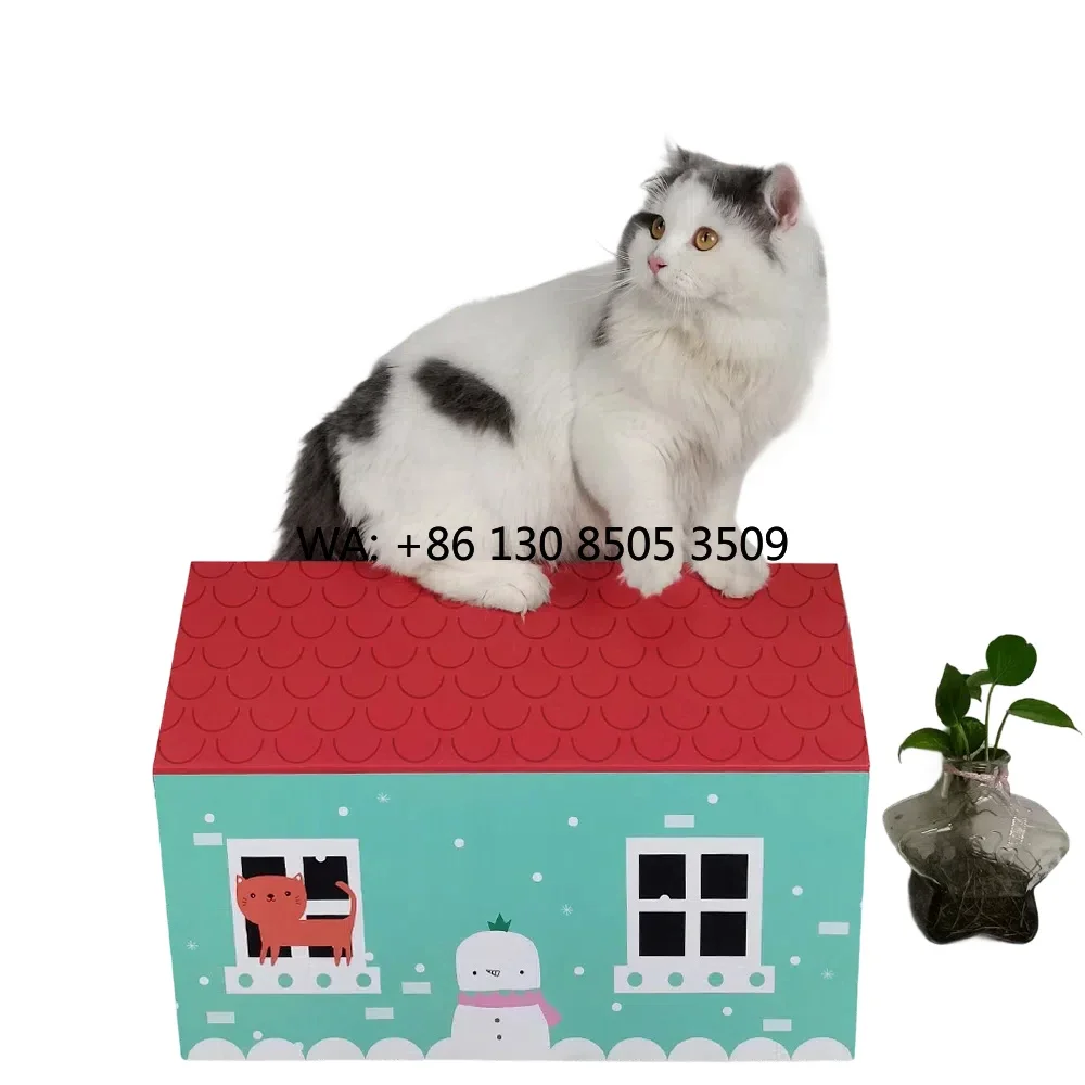 Wholesale Custom Logo Christmas Gift Packing  Box House Shaped Packaging Cat Scratcher Cardboard Cat House