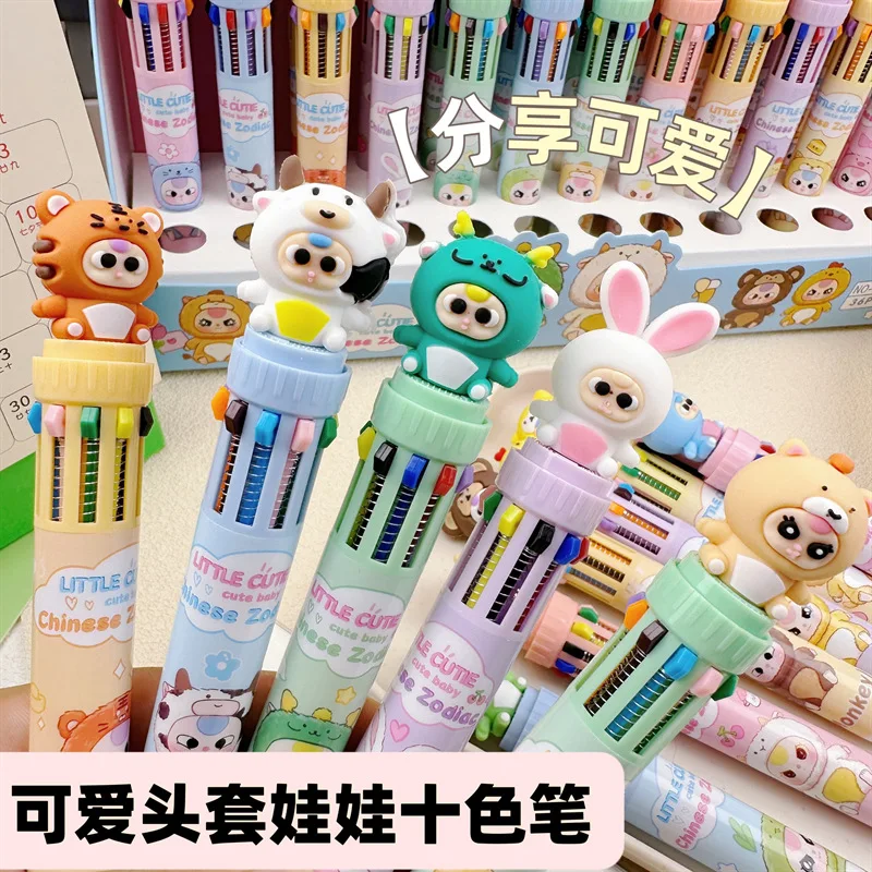 

36 Pcs with Box Cartoon Headgear Animal Ten-color Ballpoint Pen Cute Doll Multi-color Pen Student Ten-in-one Color Suitable