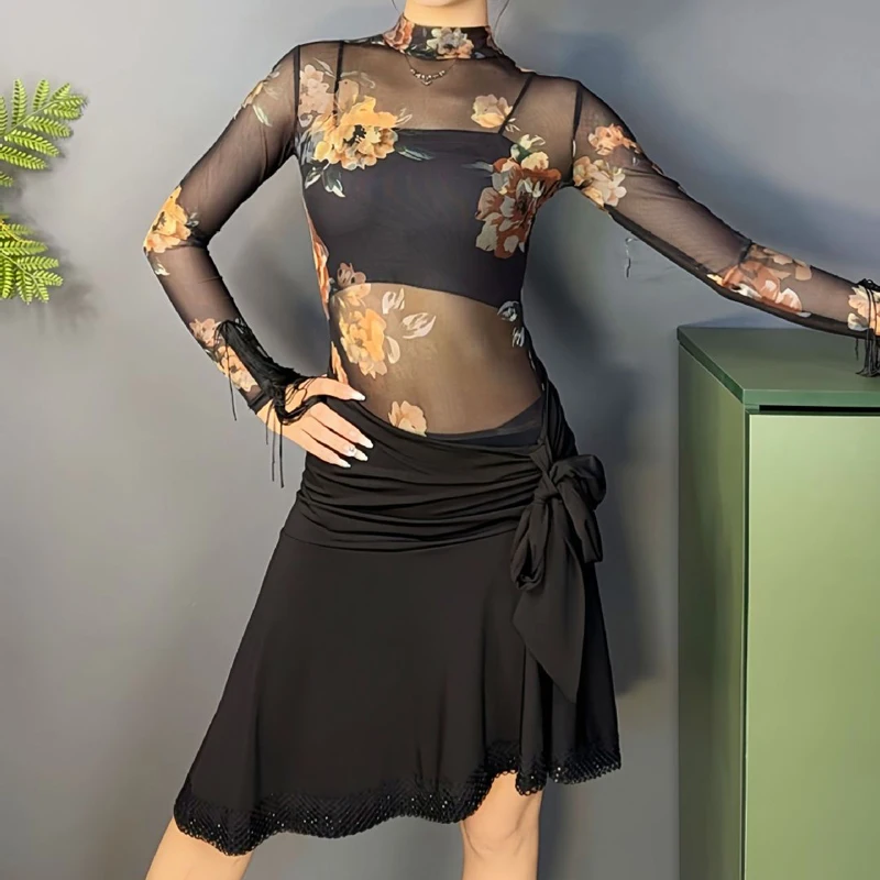 Tops de baile latino para mujer, mono sexy de malla ultrafina de manga larga con estampado de leopardo, ropa de entrenamiento Cha Rumba, ropa de práctica latina