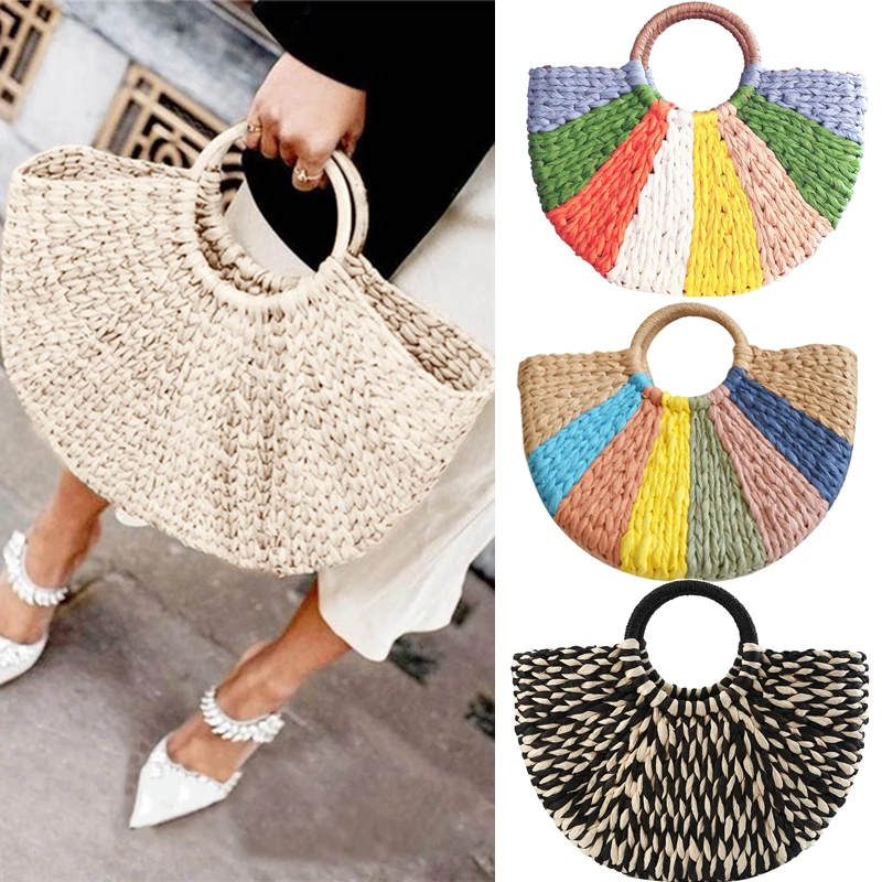 Borsa da donna colorata borsa di paglia di vimini in Rattan borsa semicircolare intrecciata borsa da viaggio Casual femminile di grande capacità