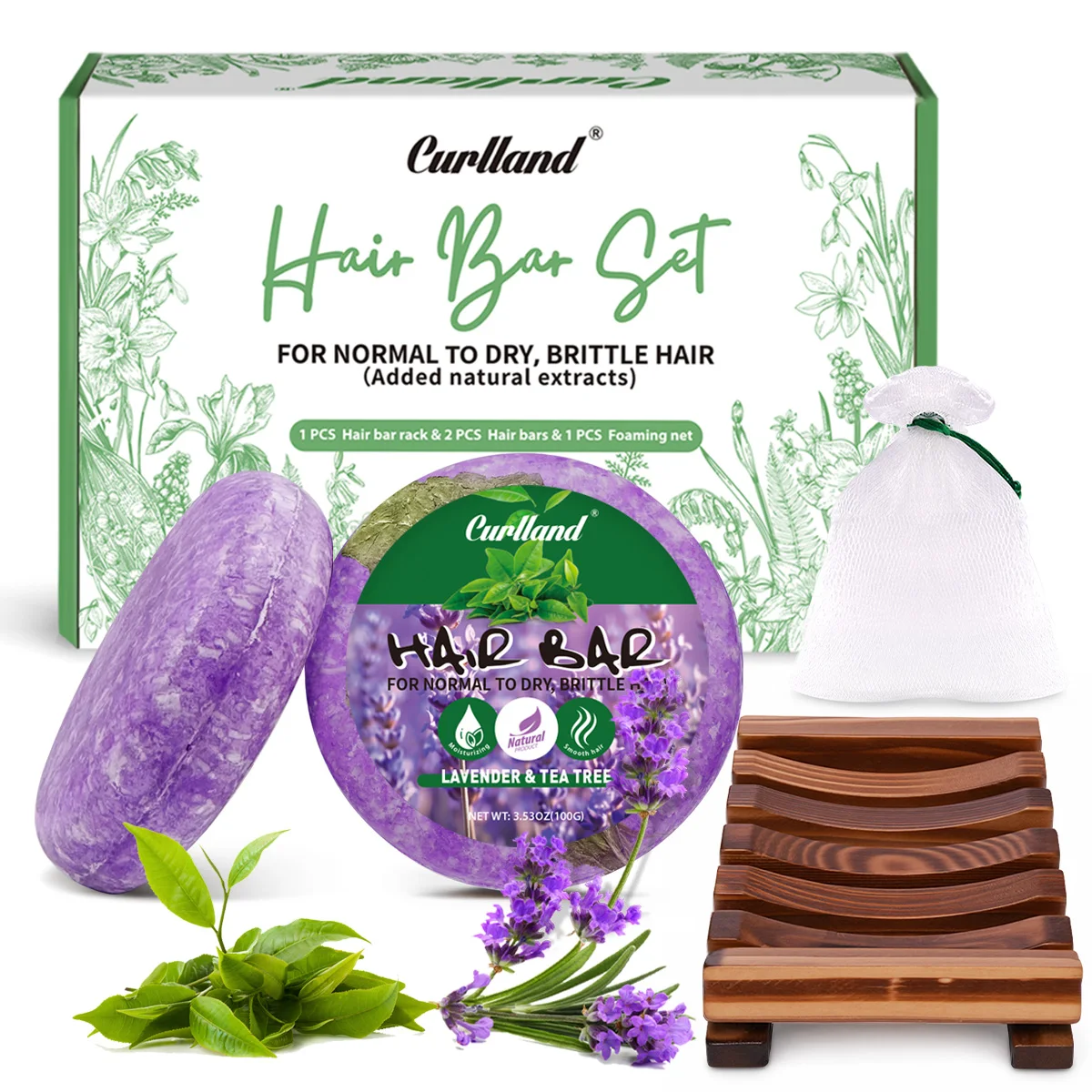 Curlland Hair Bar Set, Lavender Tea Scent Solid Shampoo for Dry Brittle Hair, Natural Plant Bar with Wood Rack and Foaming Net