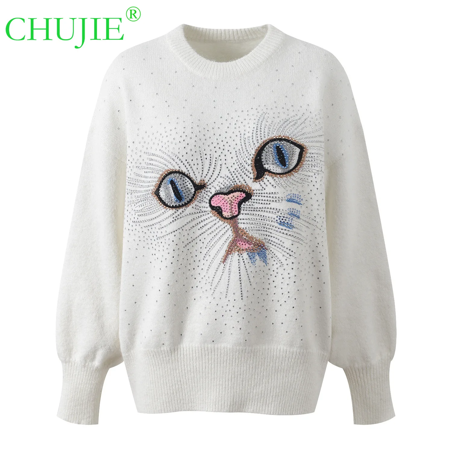 

CHUJIE 2025 Winter New Fashionable Elegant Animal Pattern Heavy Embellished Loose Versatile Knitted Pullover Top