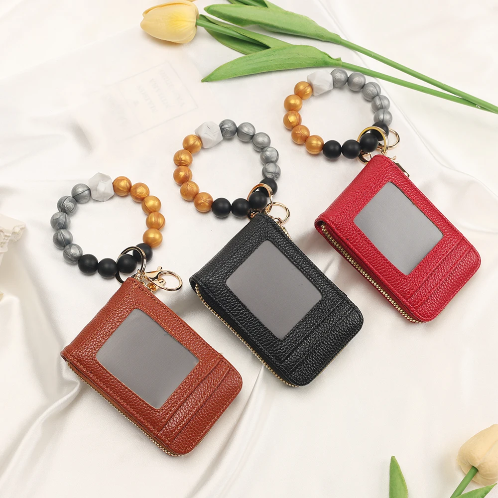 1PCS combination silicone bead bracelet classic lychee pattern key ring card bag card change key anti-release string key bag