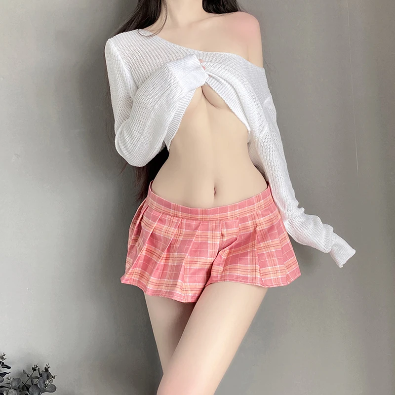 School Girls Cosplay Women Sexy Lingerie Student Uniform Costume Top Shirt with Plaid Skirt Role Play Porno Outfits