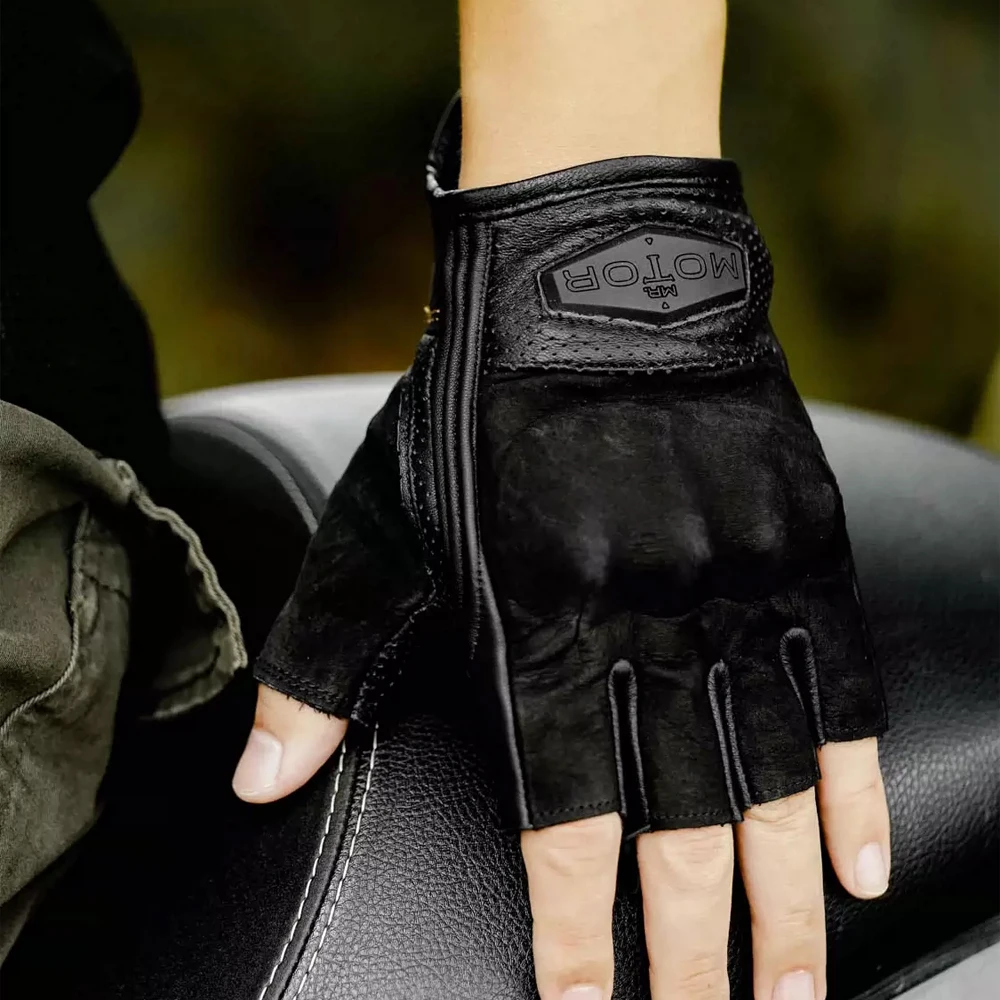 Summer Men Fingerless Motorcycle Glove,Leather Riding Gloves for Motorcyclist, Anti drop, Breathable，Vintage Motorcycle Glove