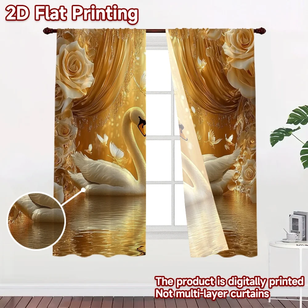 2D flat 2pcs Curtain Vintage drapes and curtains Wedding Golden Swan Pair Durable polyester fiber Birthday Party Perfect for