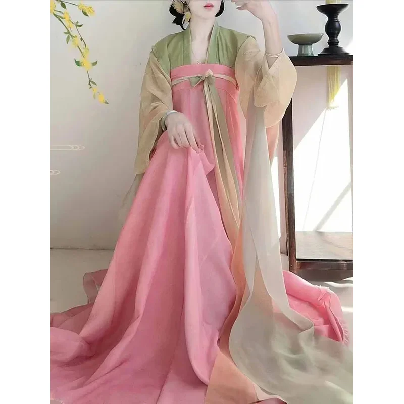 

2025 Spring Hanfu Dress Women Chinese Vintage Green&Pink Hanfu Dress Female Stage Cosplay Costume Party Outfit Plus Size