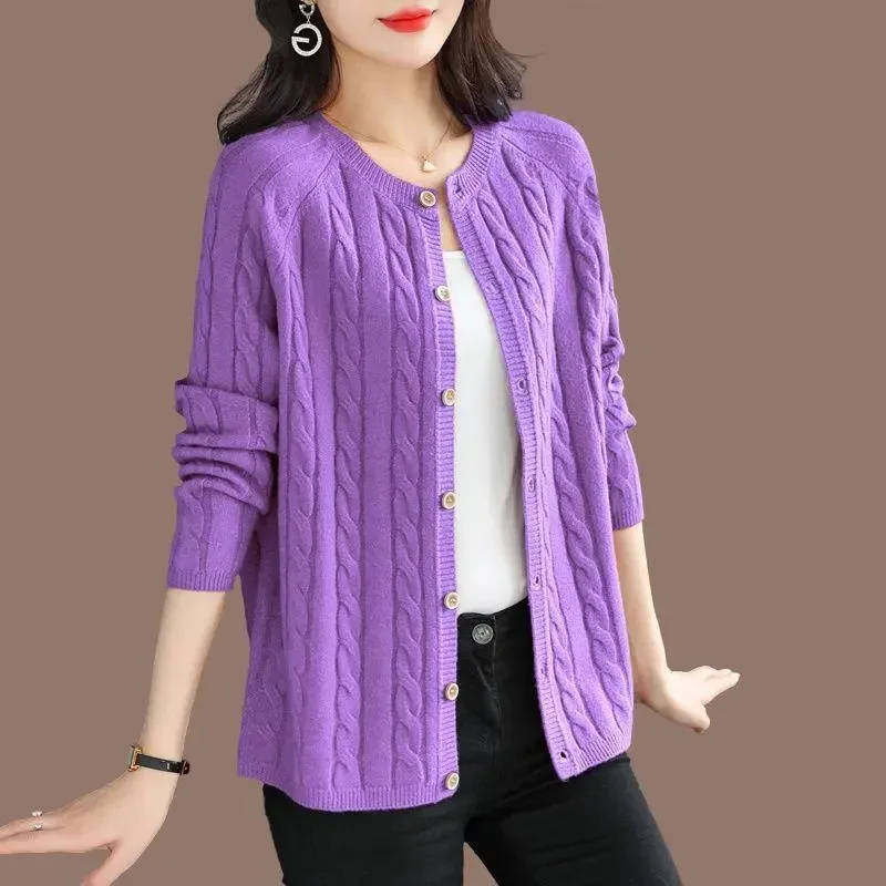 

2024 Female single-breasted Cardigan Knitwear Spring Autumn Ladies Round Neck Long Sleeves Knit Tops Korean Women Loose Sweater