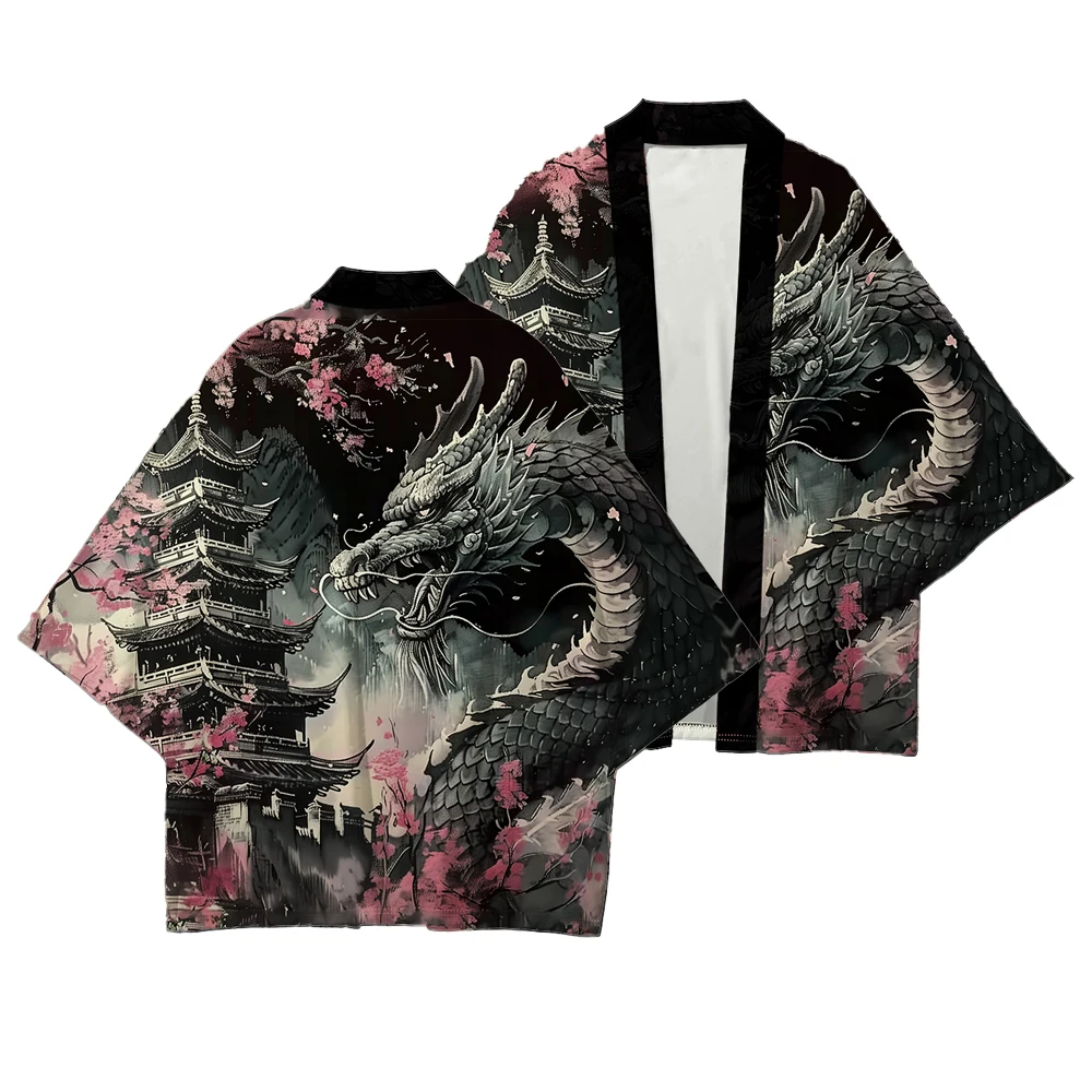 Japanese Anim Dragon Sakura Print Kimono Traditional Japan Samurai Cardigan Yukata Harajuku Haori Unisex Beach Robe Streetwear