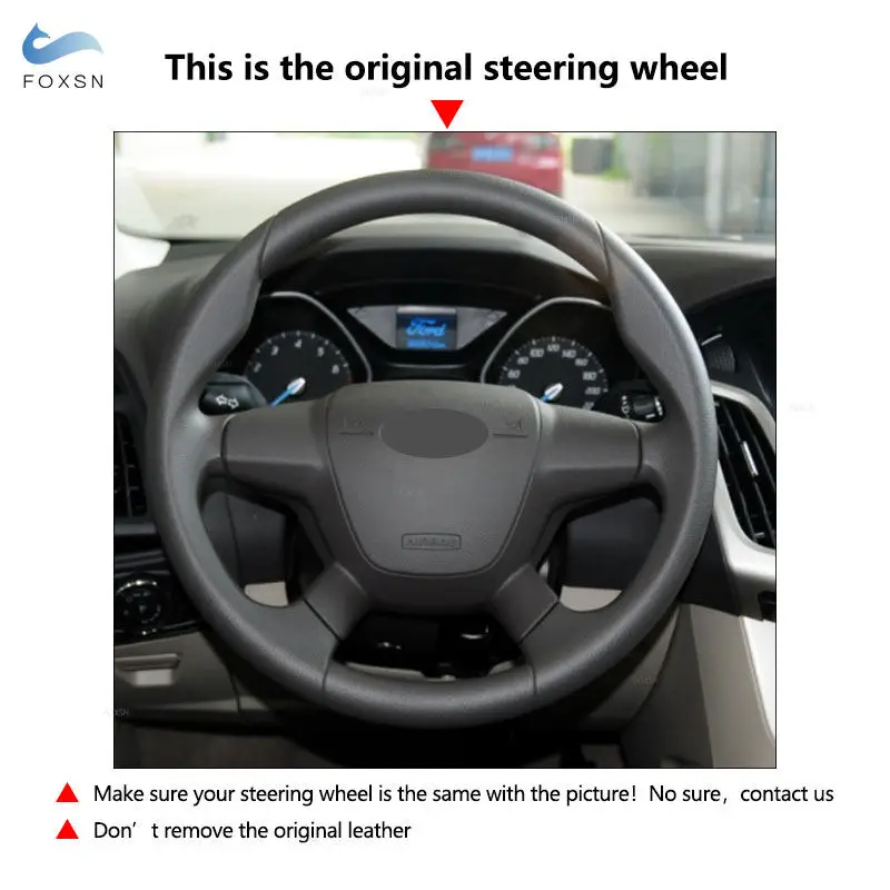Für Ford Focus 3 2012–2014 C-MAX 2011–2014 KUGA Escape 2013–2016 Auto-Lenkradbezug, schwarzes Leder mit blauem Streifen – Detail 1