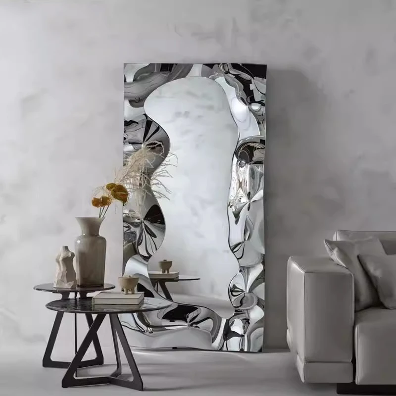 Wavy Standing Mirror Decoration Full Body Aesthetic Girls Long Makeup Mirror Korean Style Bedroom Espelhos Home Decorations