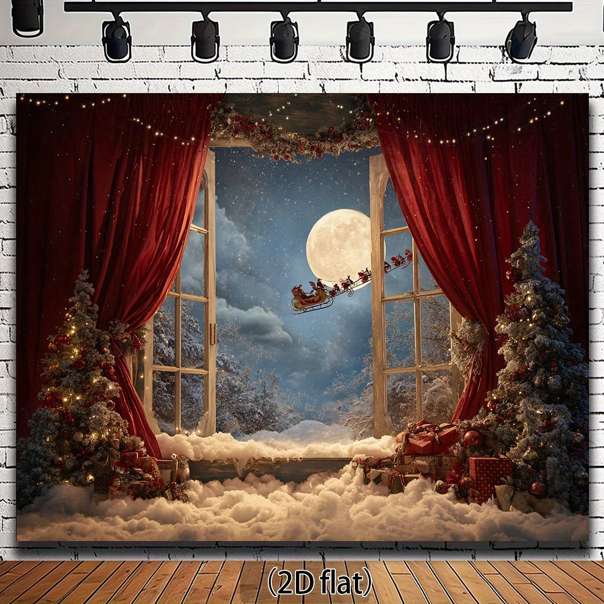 Płaszczyzna 2D, 1 duże okno, śnieżna zimowa scena świąteczna z saniami Świętego Mikołaja, księżycem i migoczącymi światłami - drzwi