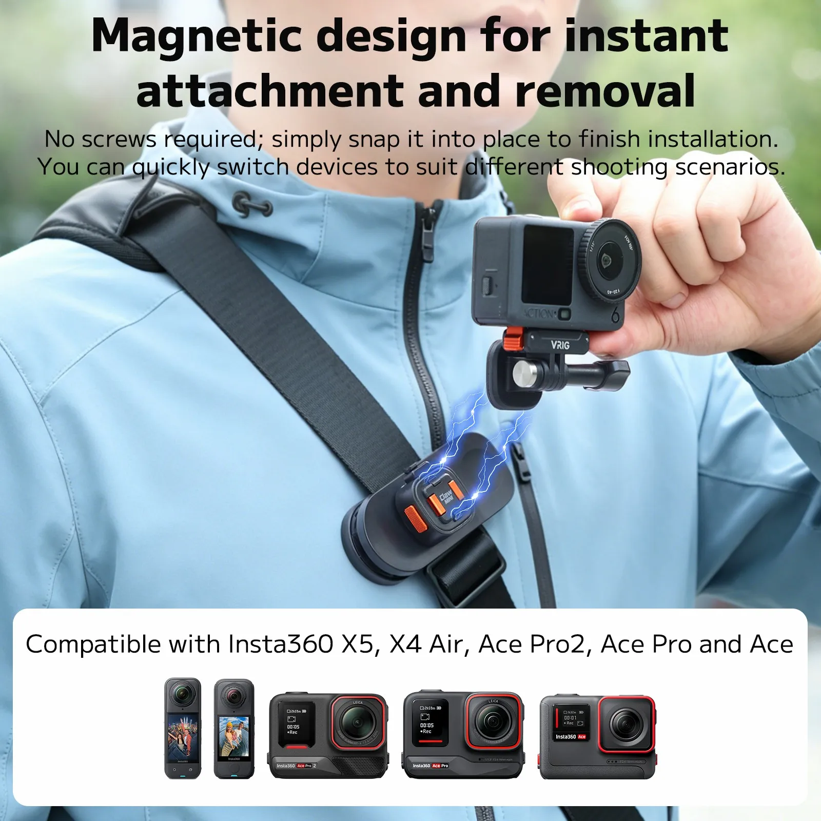 VRIG POV Shooting Magnetic Quick-Release Base Backpack Mount for Insta360 X5 X4 Air/Ace Pro/Ace Action Camera Outdoor Vlog