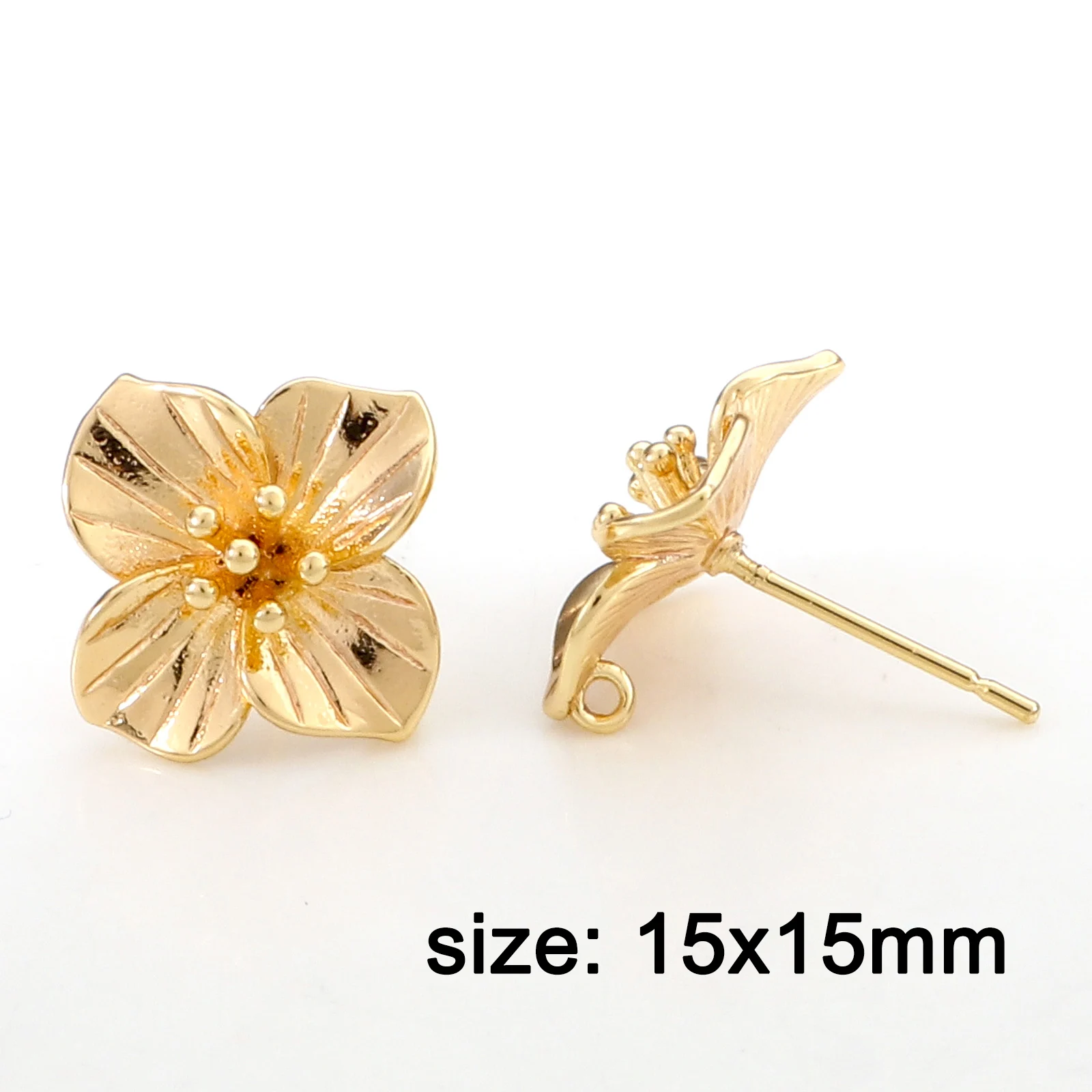 2PC Gold Color Flower Ear Post Stud Earrings With Loop For Diy Women Earring Jewerly Making Finding 15x15mm, Wire Size: 21 Gauge