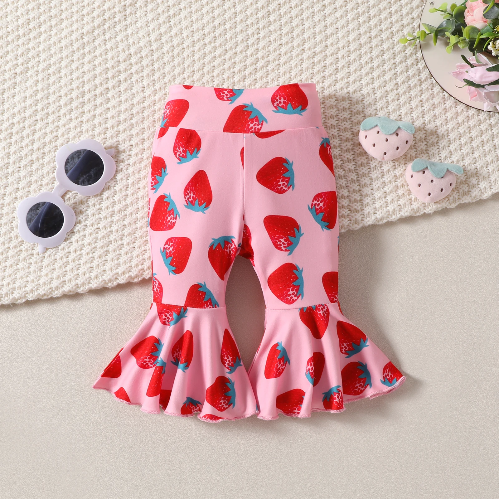 2PCS Strawberry Print Top Bell Bottoms 0-18M Newborn Baby Girl Set Summer Fashion Onesie Clothing Outdoor Casual Short Sleeve