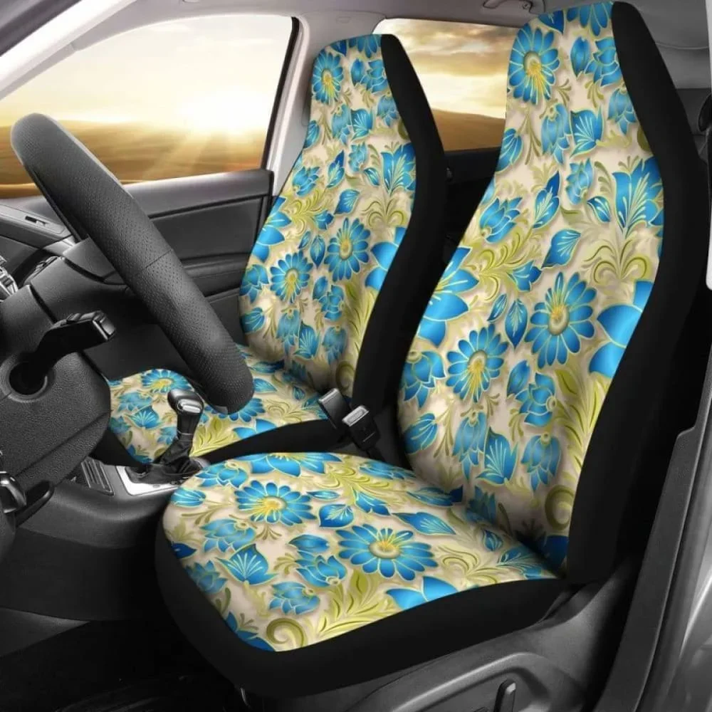 Retro Blue Flowers On Light Tan Car Seat Covers,Pack of 2 Universal Front Seat Protective Cover