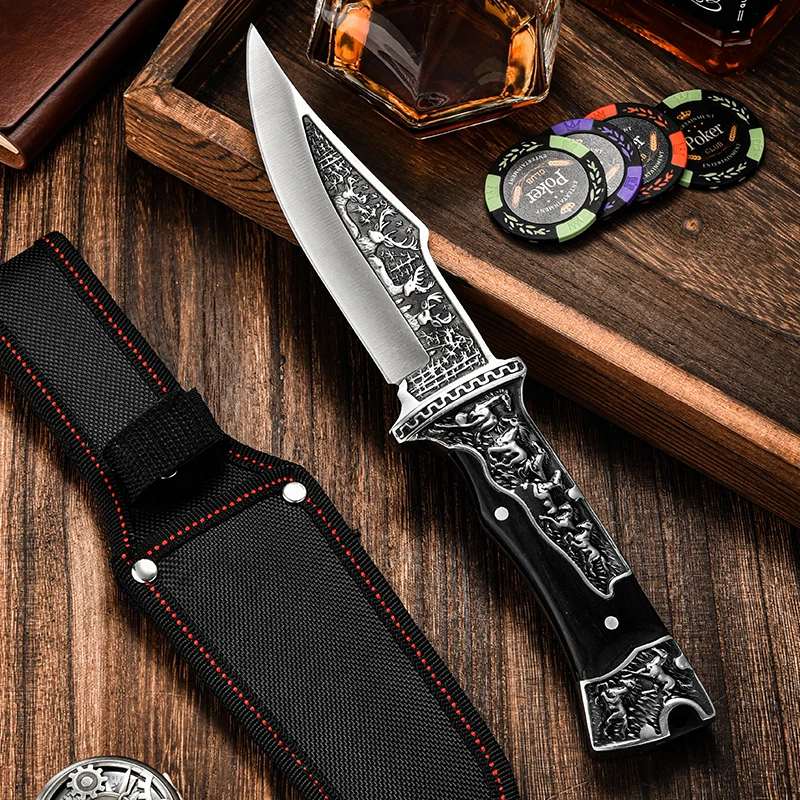 High Quality Steel Hunting Knife, Outdoor Survival Knife, Rubber Anti Slip Handle, Equipped with Leather Case