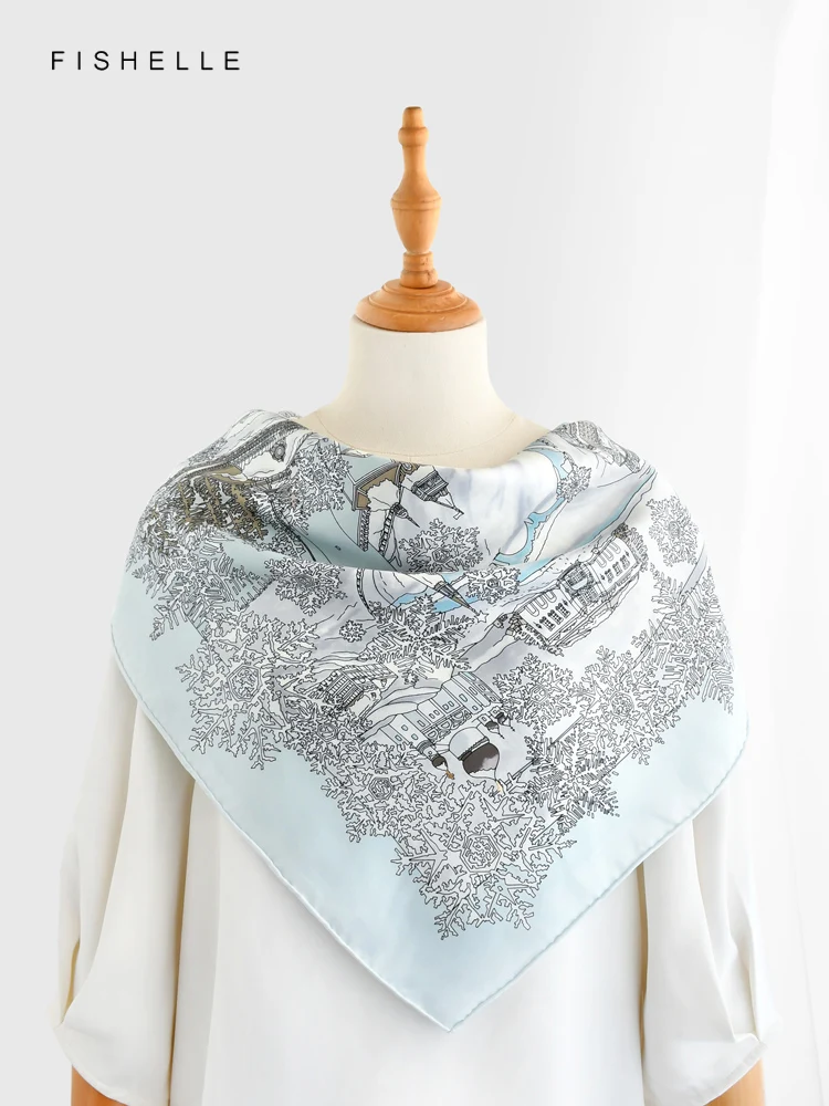 Light blue snow 100% natural silk scarf square head scarves twill luxury gift women wrap bandana hijab shawl lady neckerchief