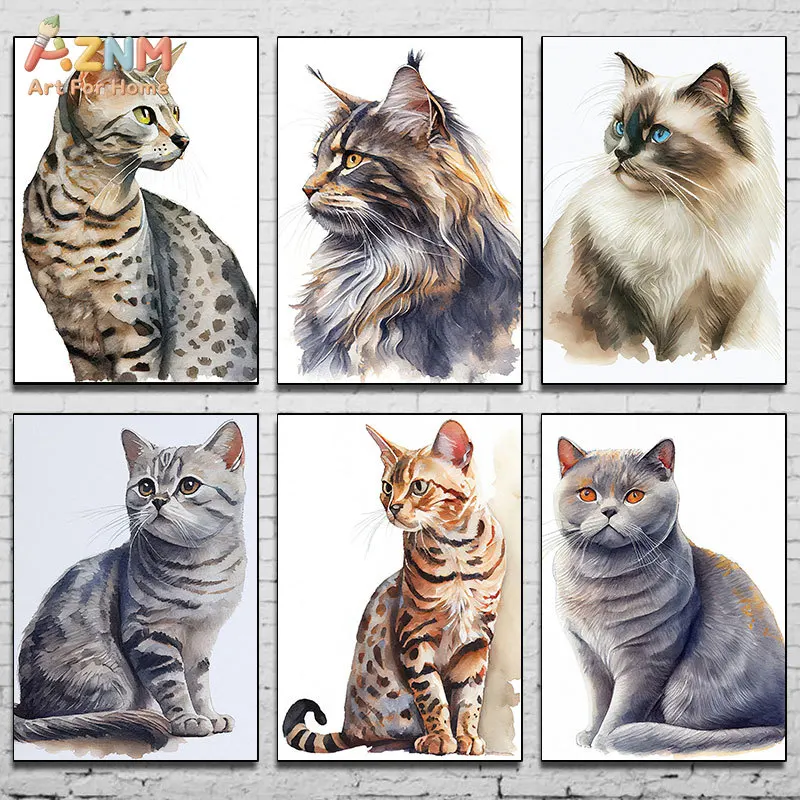 AZNM Watercolor Various Breed Cat Portrait Canvas Poster Frameless Wall Art Cute Pet Print For Living Room Bedroom Home Decor Pa