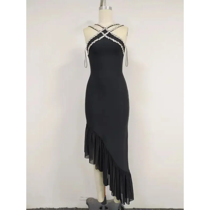 

Cy2024 летнее новое облегающее платье с бриллиантами для женщин, сетчатое платье без рукавов с v-образным вырезом и высокой талией для женщин, новый стиль