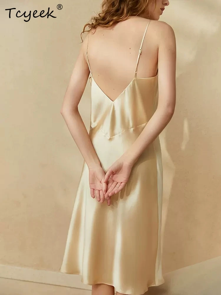 

Tcyeek 19 мм 100% натуральный шелковый атлас ночная рубашка сексуальная ночная рубашка-спагетти элегантная женская ночная юбка с v-образным вырезом P30457QM