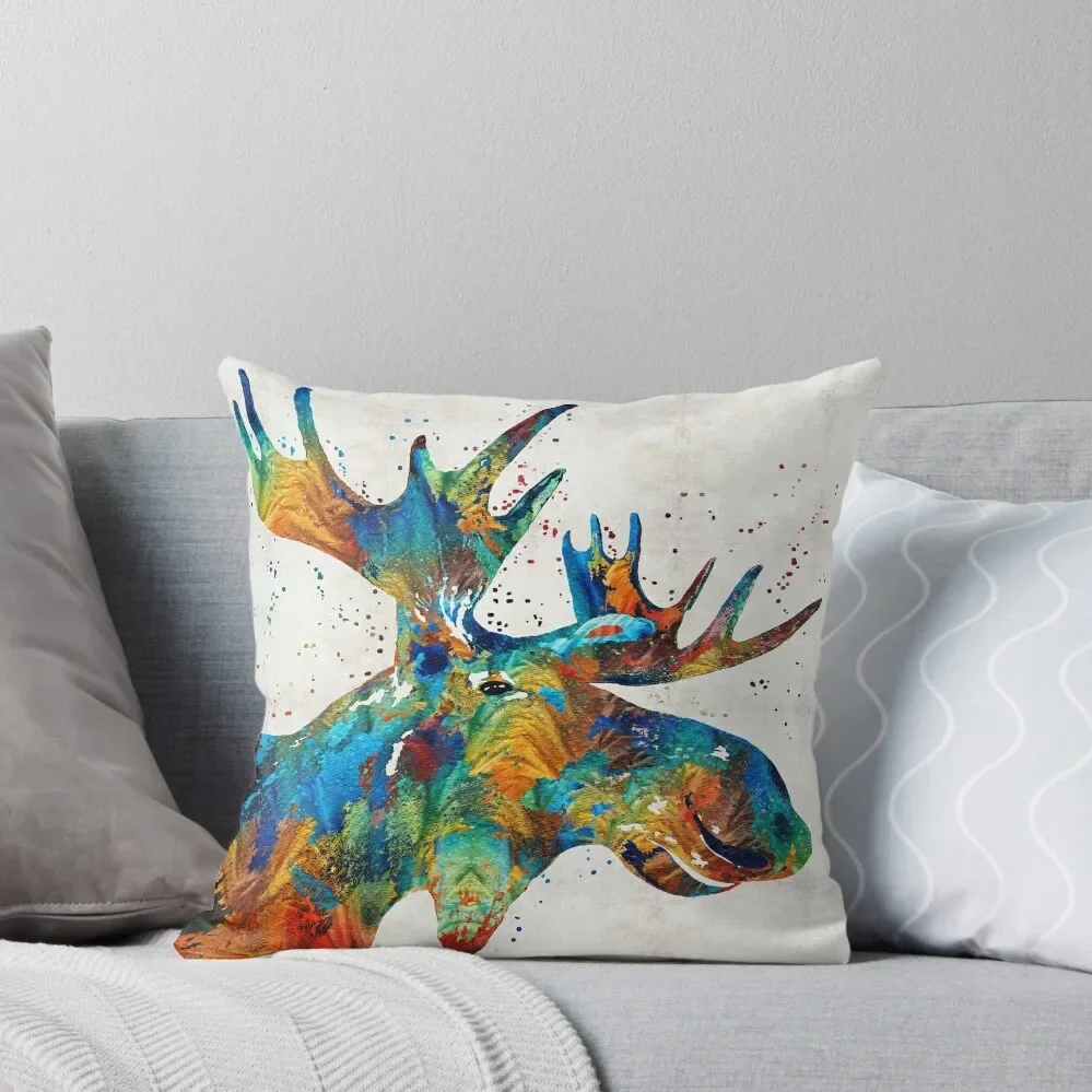 Colorful Moose Art - Confetti - By Sharon Cummings Throw Pillow Cushions For Decorative Sofa Anime Pillow