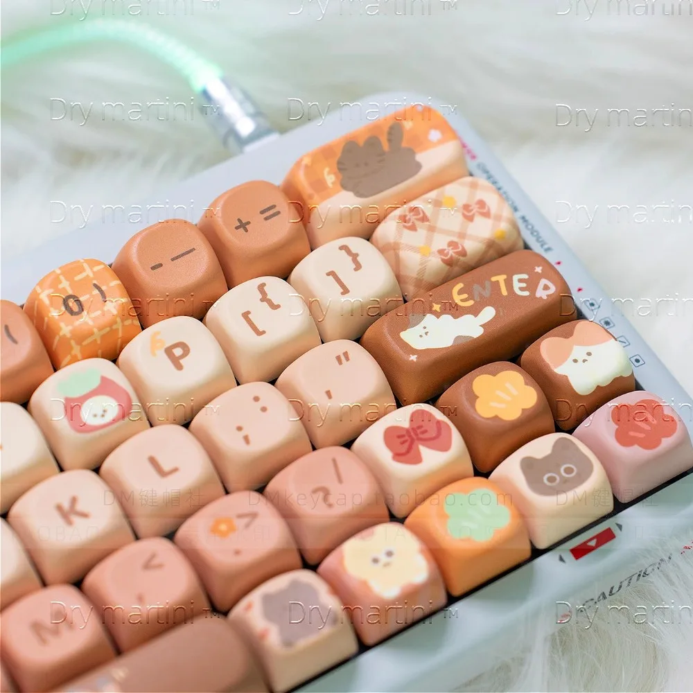 Coffee Cat MOC, bonitas teclas de curry con sublimación de calor de 5 lados para HI75 61 84 96 98 99 104 F87 y otros teclados inalámbricos