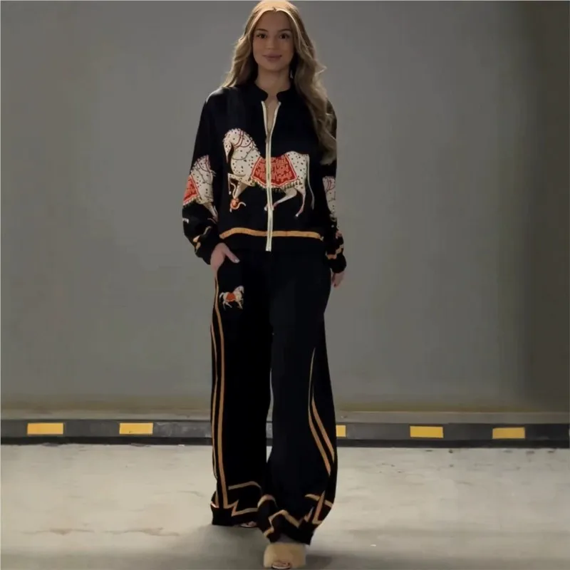 Elegant women's printed matching set, short jacket, high waist wide leg pants, women's casual vacation two-piece suit