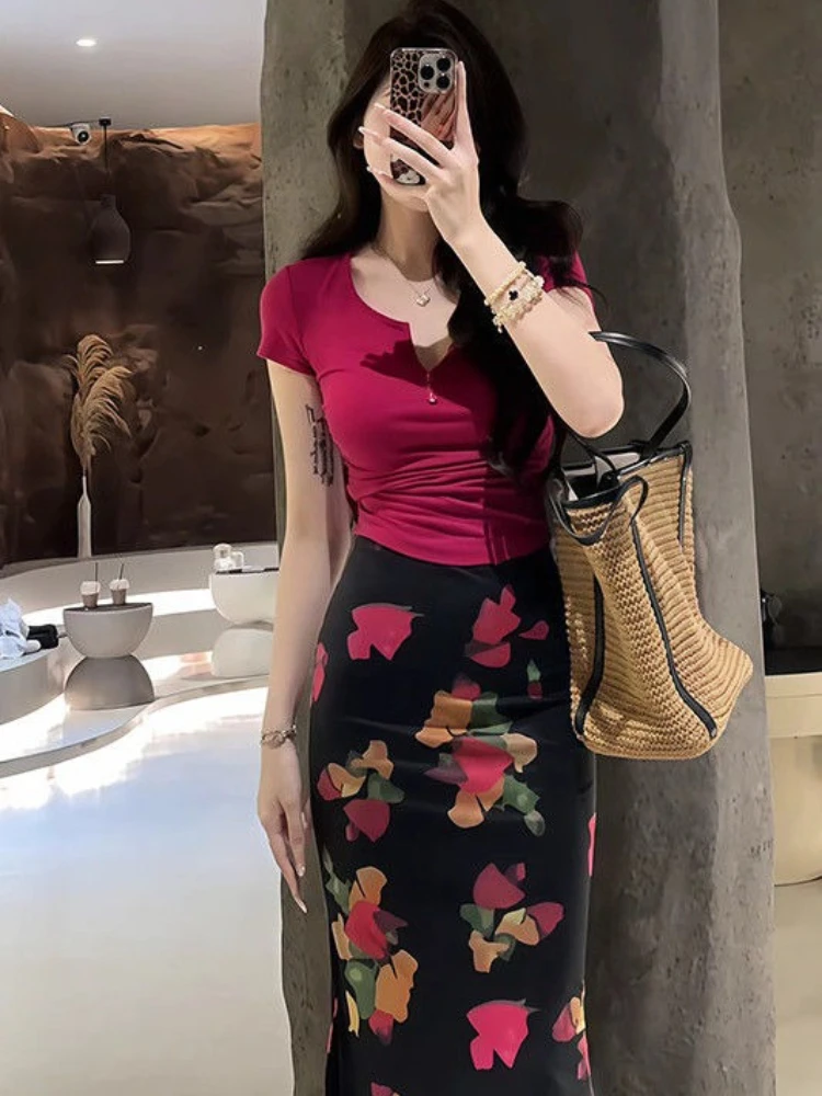 

Women's Two Skirt Piece Set Long Maxi Formal Event The New Function of Matching Festival Stylish Occasion Flowers Female Outfits