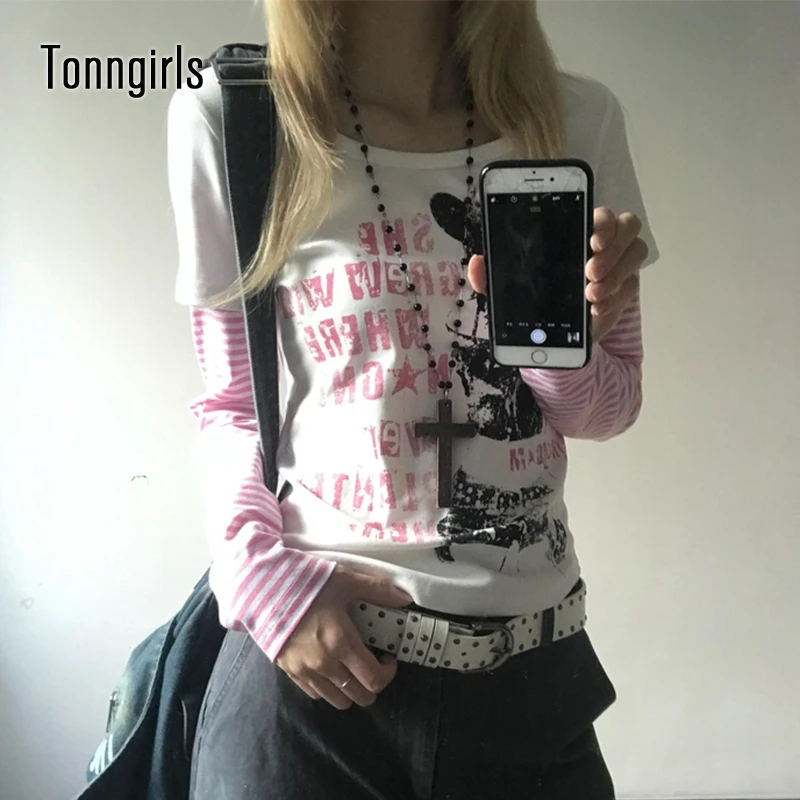 Tonngirls Y2k Japanese Print T-shirt Women Long Sleeve Patchwork Fake Two Pieces Tops Streetwear Vintage Grunge Tops Tee E-girls