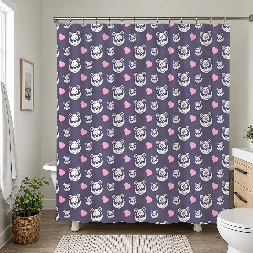 Novelty Panda Heart Shower Curtain Waterproof Bathroom Curtain Cute Kids Decor Nursery Shower Liner for Modern Home Bathroom Acc