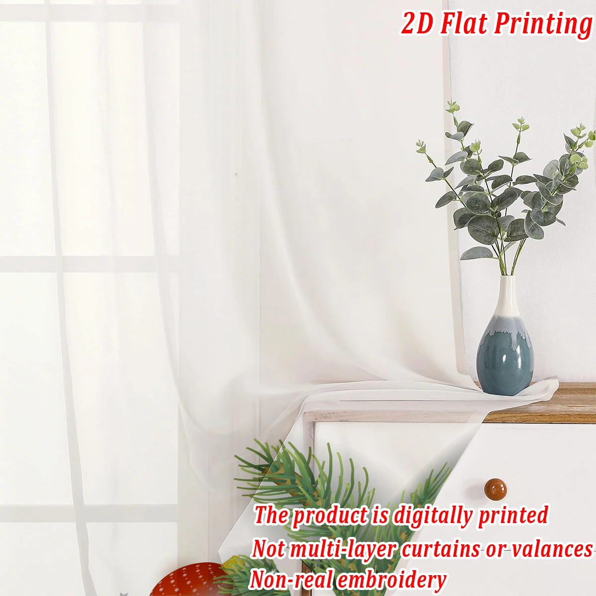 Christmas Flat Printing Sheer Curtain with Christmas Ball Bow Star Pine Branch for Living Room Bedroom Decor Holiday Party