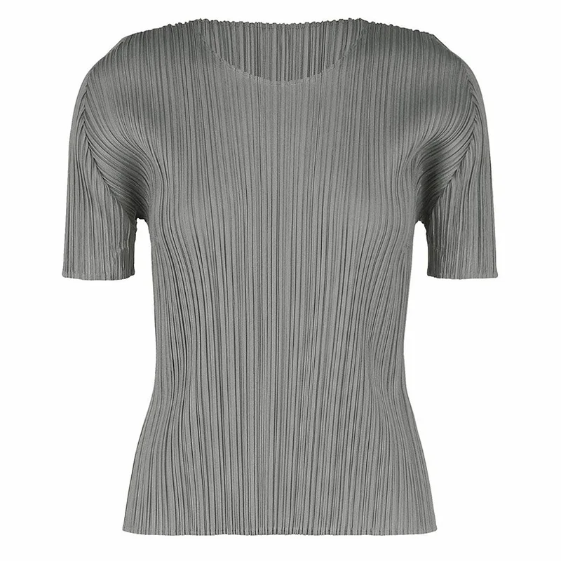 ISSEY Basic Ruffled Round-neck Solid Color Slimming and Shaping Upper Body Shirt Short Sleeve T-shirt
